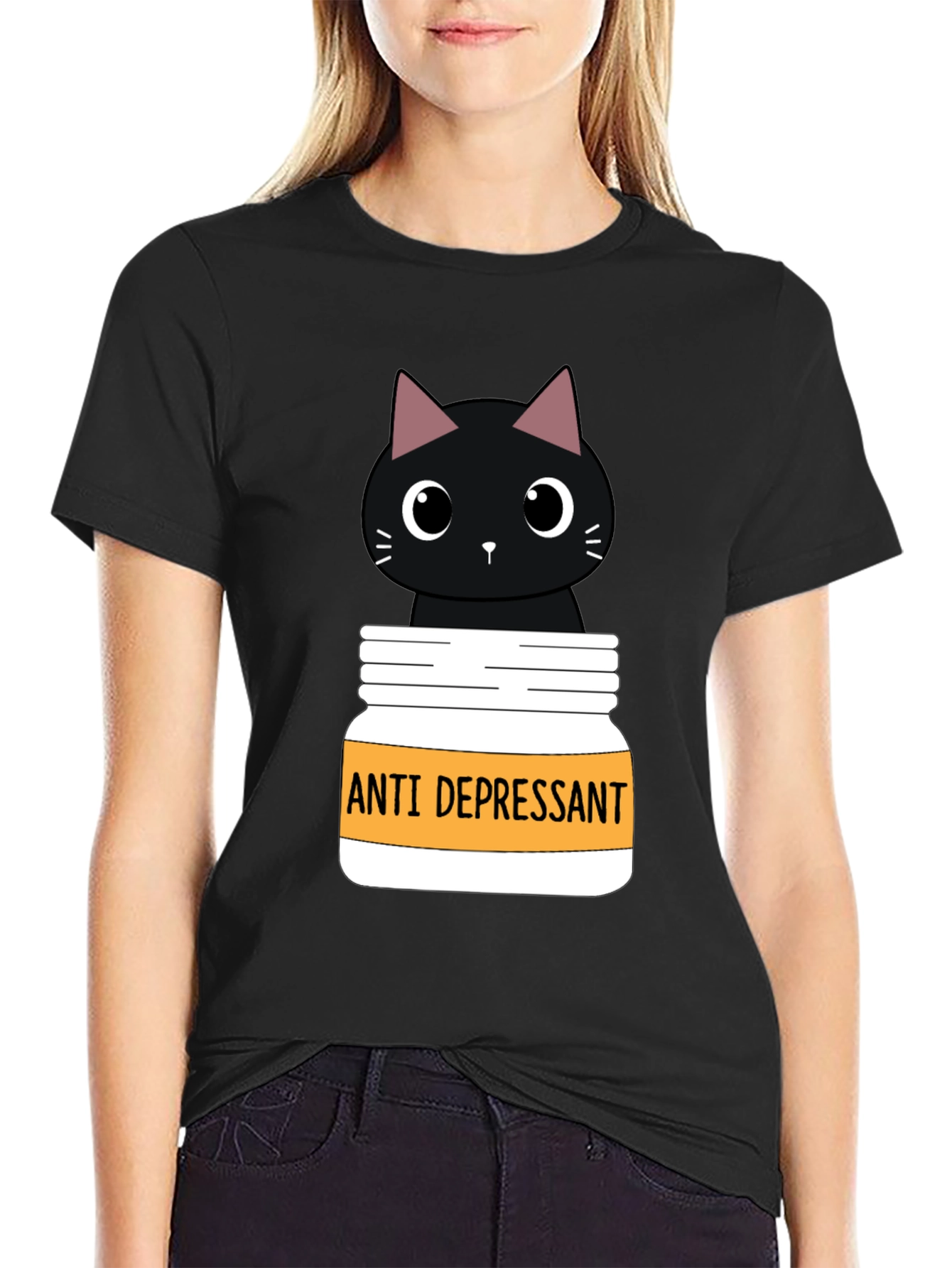 Black Anti Depressant Cat T-Shirt, Funny Graphic Tee view 2