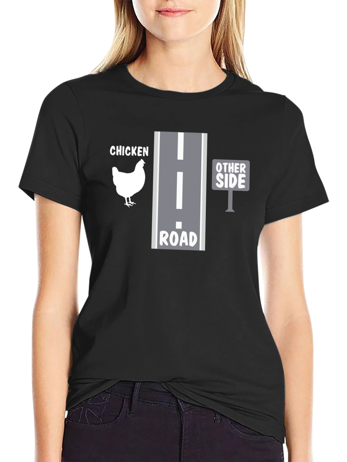 Black Why Did the Chicken Cross the Road T-Shirt view 2