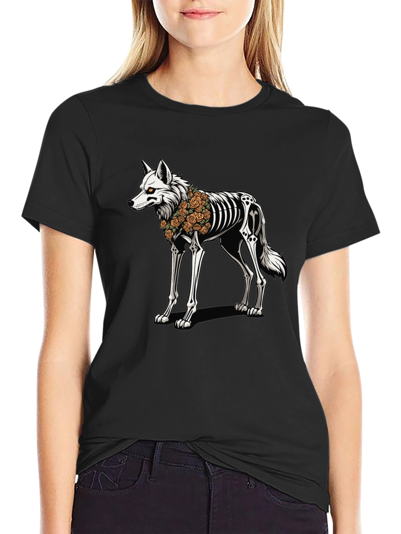 Black Skeleton Wolf Graphic Tee - Day of the Dead Style view 2