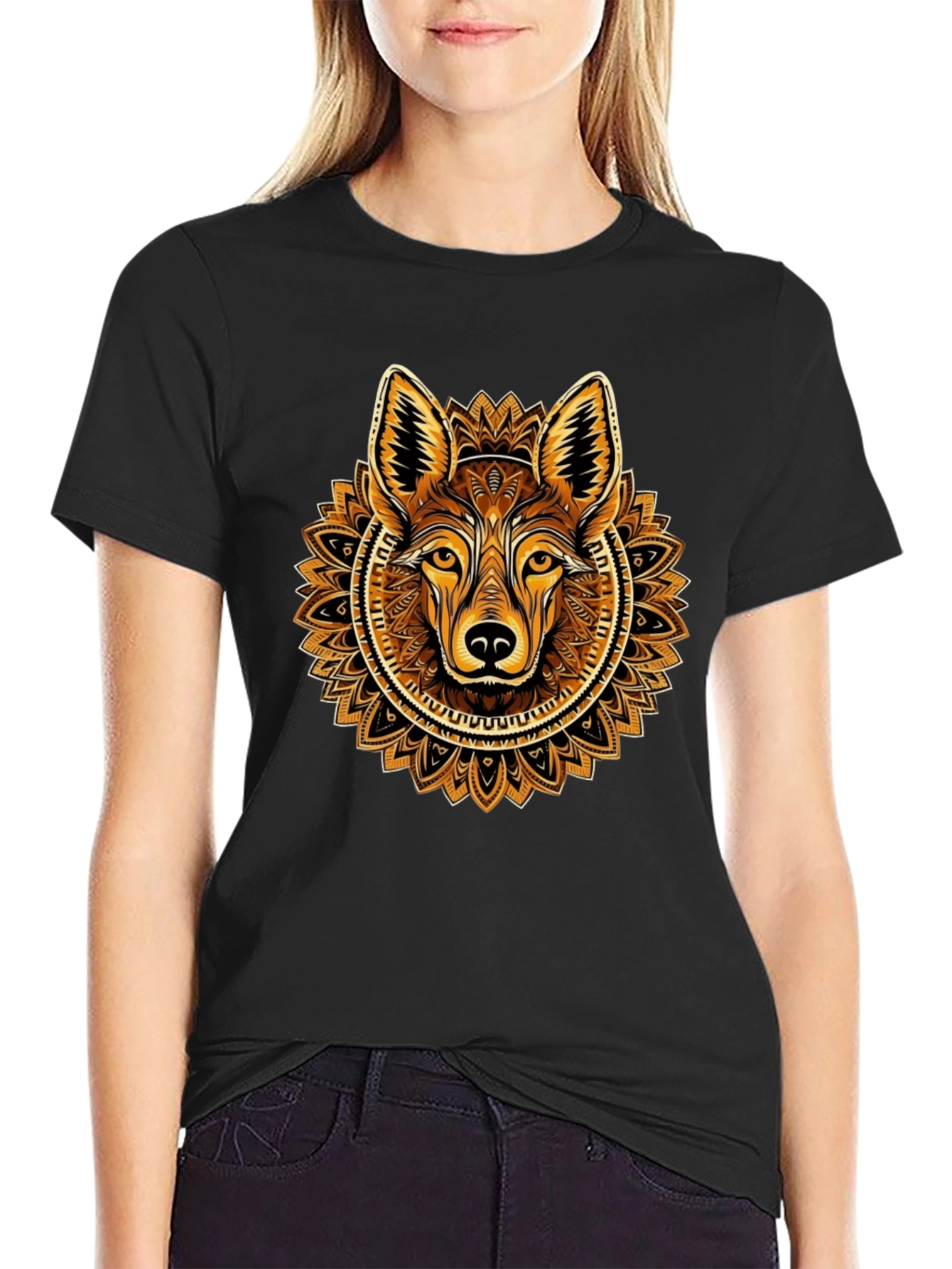 Black Wolf Mandala Graphic Tee - Trendy Crew Neck Shirt view 2