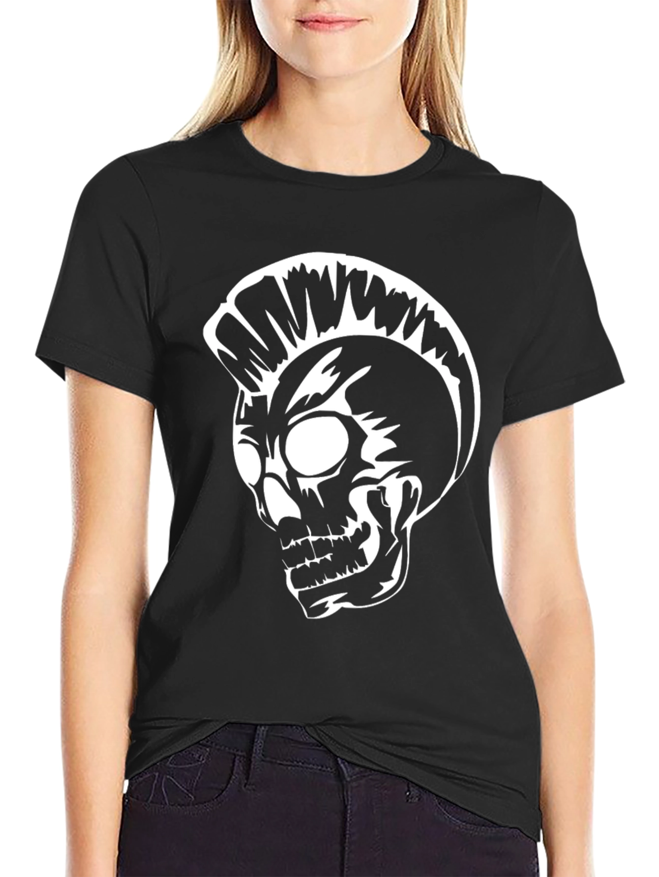 Black Punk Skull Graphic Tee - Black Cotton T-Shirt view 2