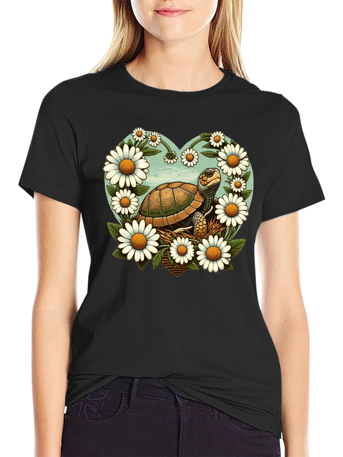 Black Turtle and Daisy Graphic Tee - Black view 2