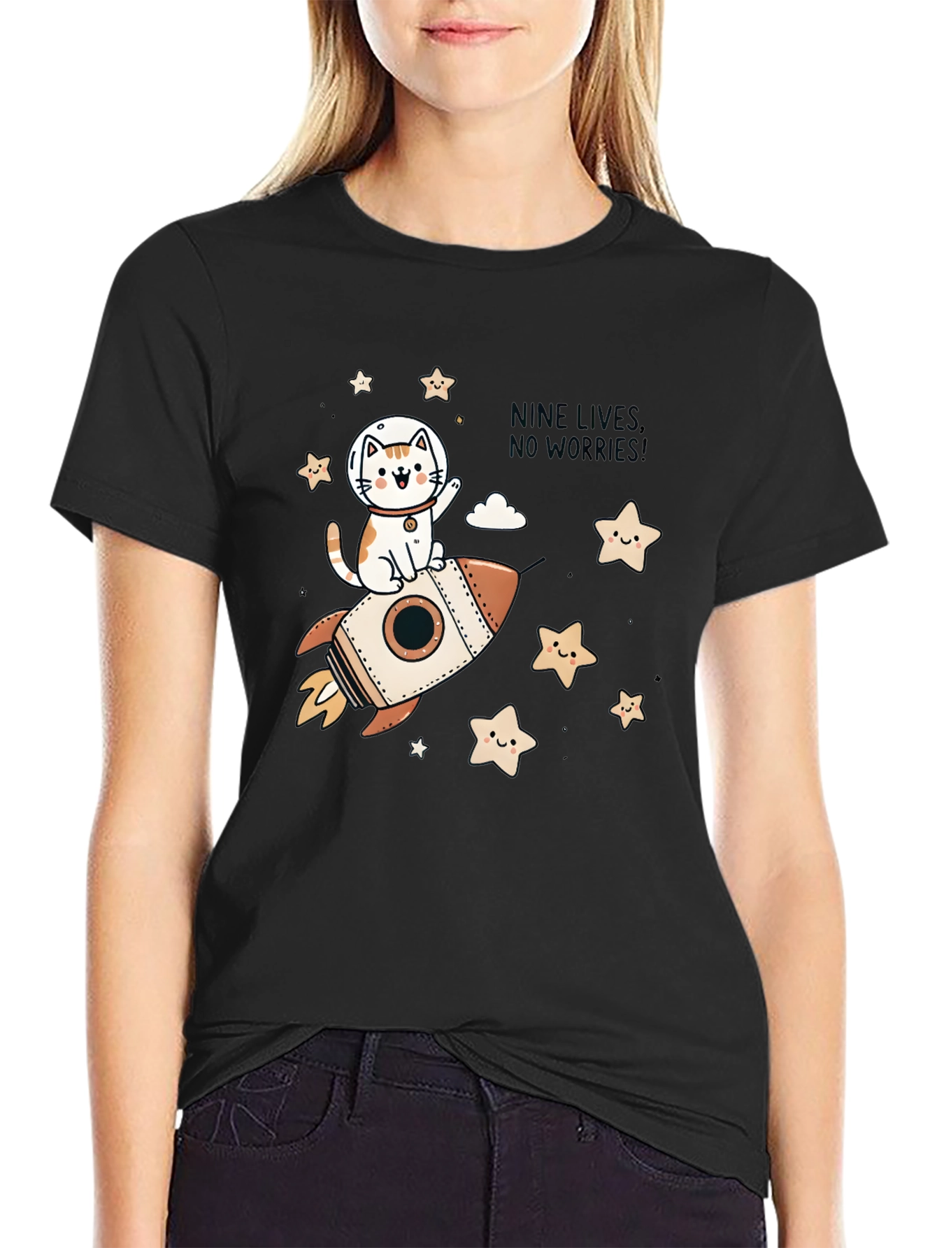 Black Cosmic Cat T-Shirt: Nine Lives, No Worries! view 2