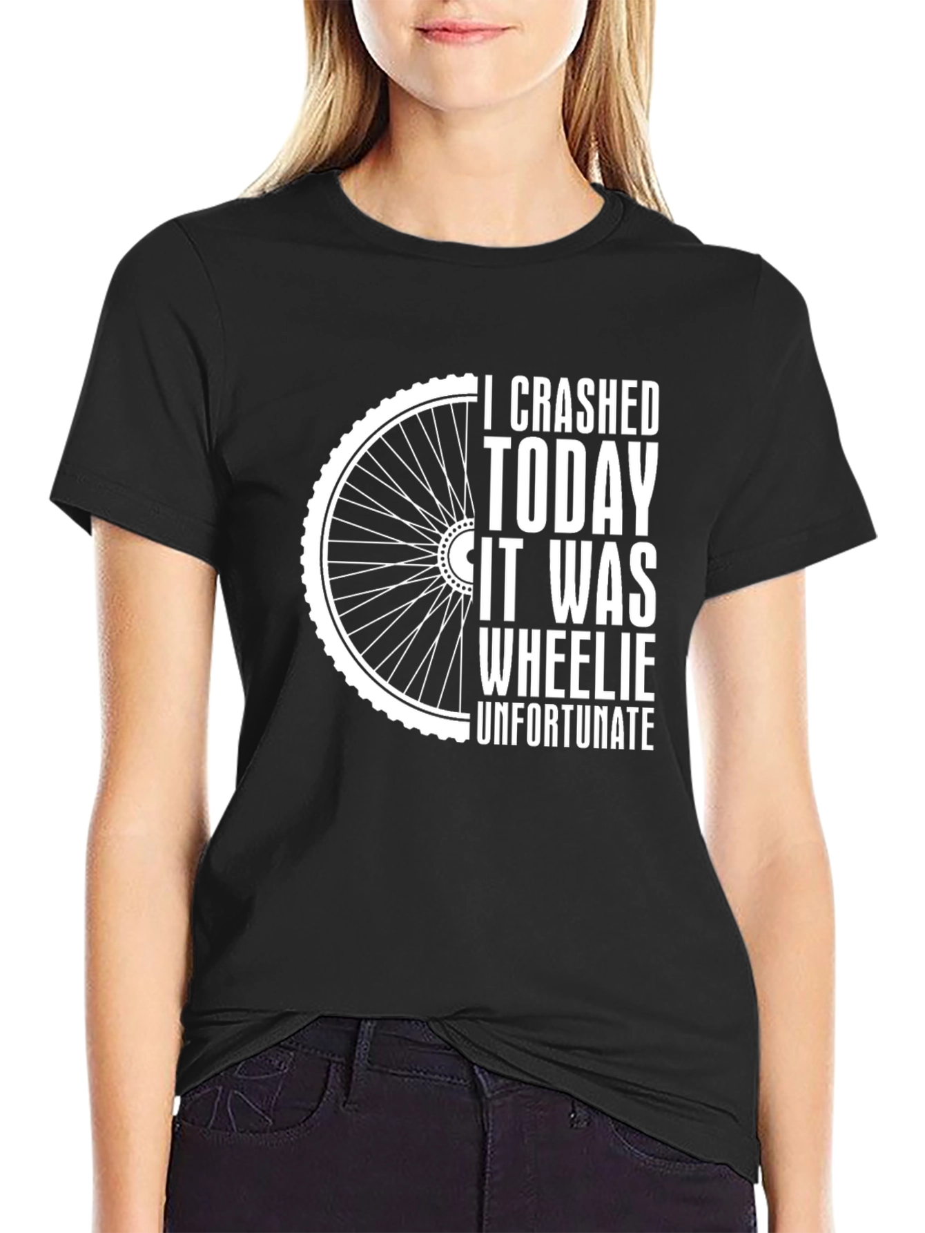 Black Crashed Today Wheelie Unfortunate Funny Bike T-Shirt view 2