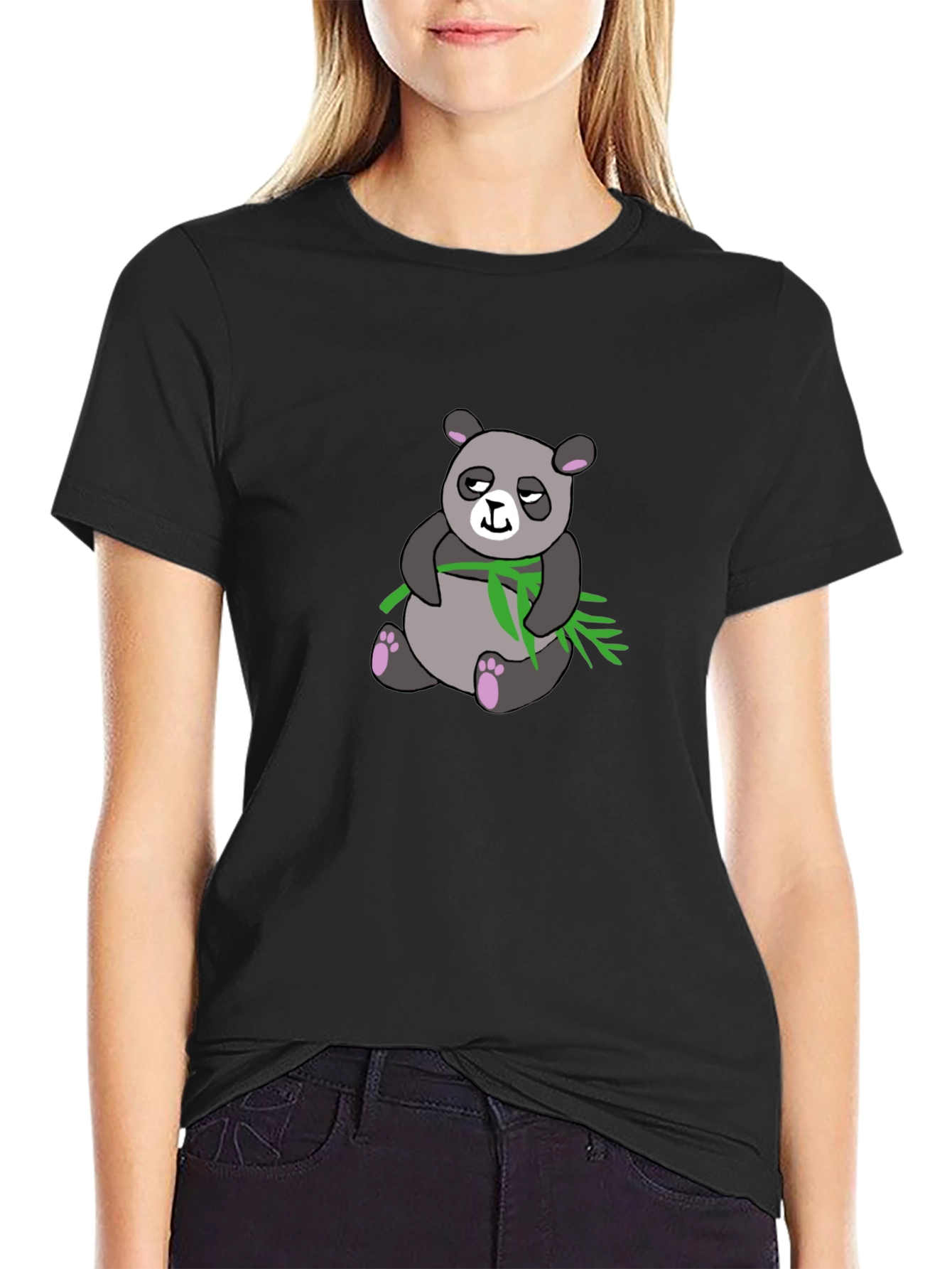 Black Panda with Bamboo Graphic Print T-Shirt view 2