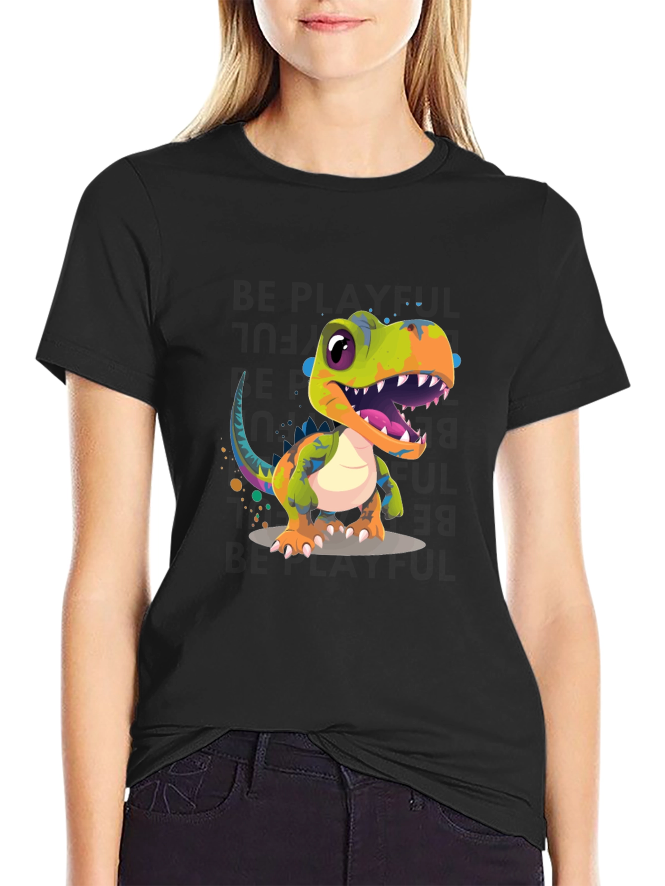Black Dinosaur Graphic Print Men's Black T-Shirt view 2