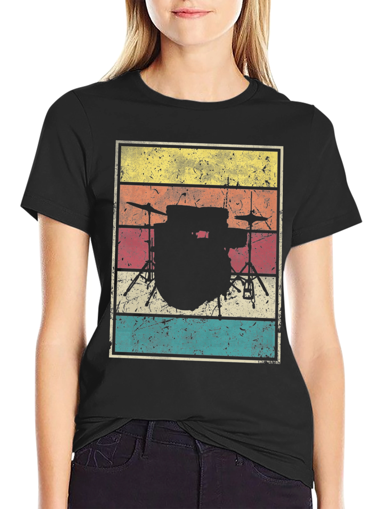 Black Vintage Drum Set T-Shirt - Retro Music Tee view 2