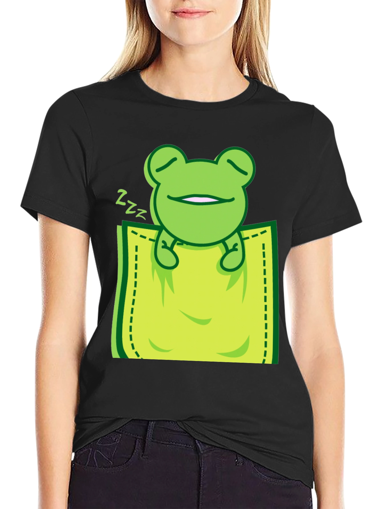 Black Sleeping Frog Pocket T-Shirt - Cute & Comfy view 2