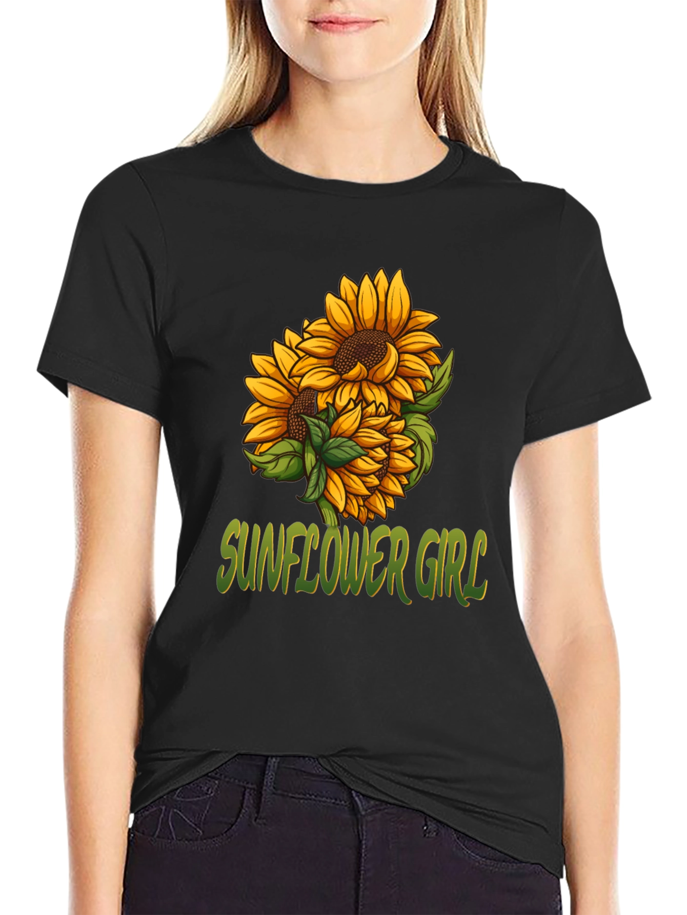 Sunflower Girl Graphic Tee - Black Cotton Casual T-Shirt - 2