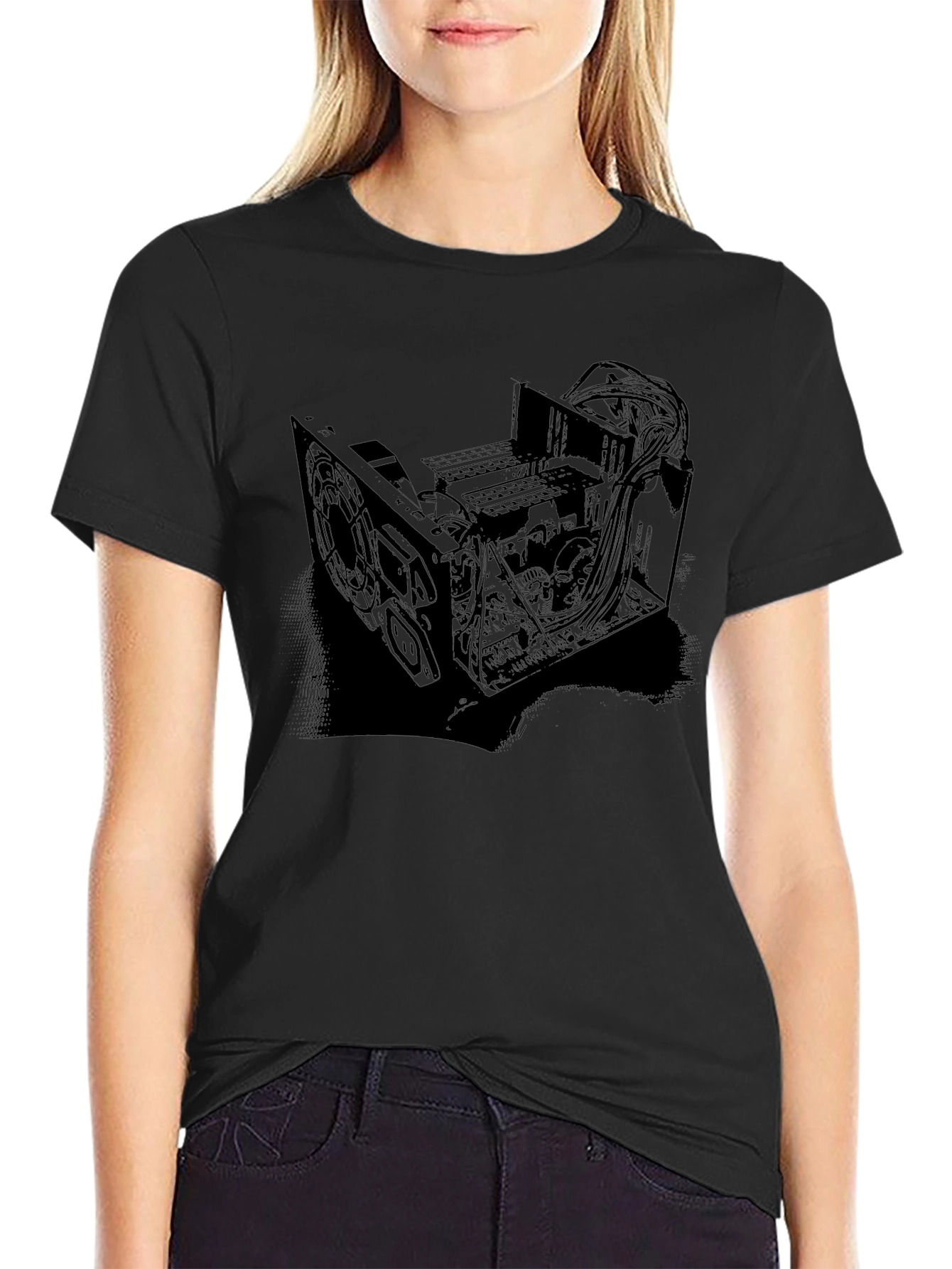 Black Black T-Shirt with Computer Hardware Design view 2