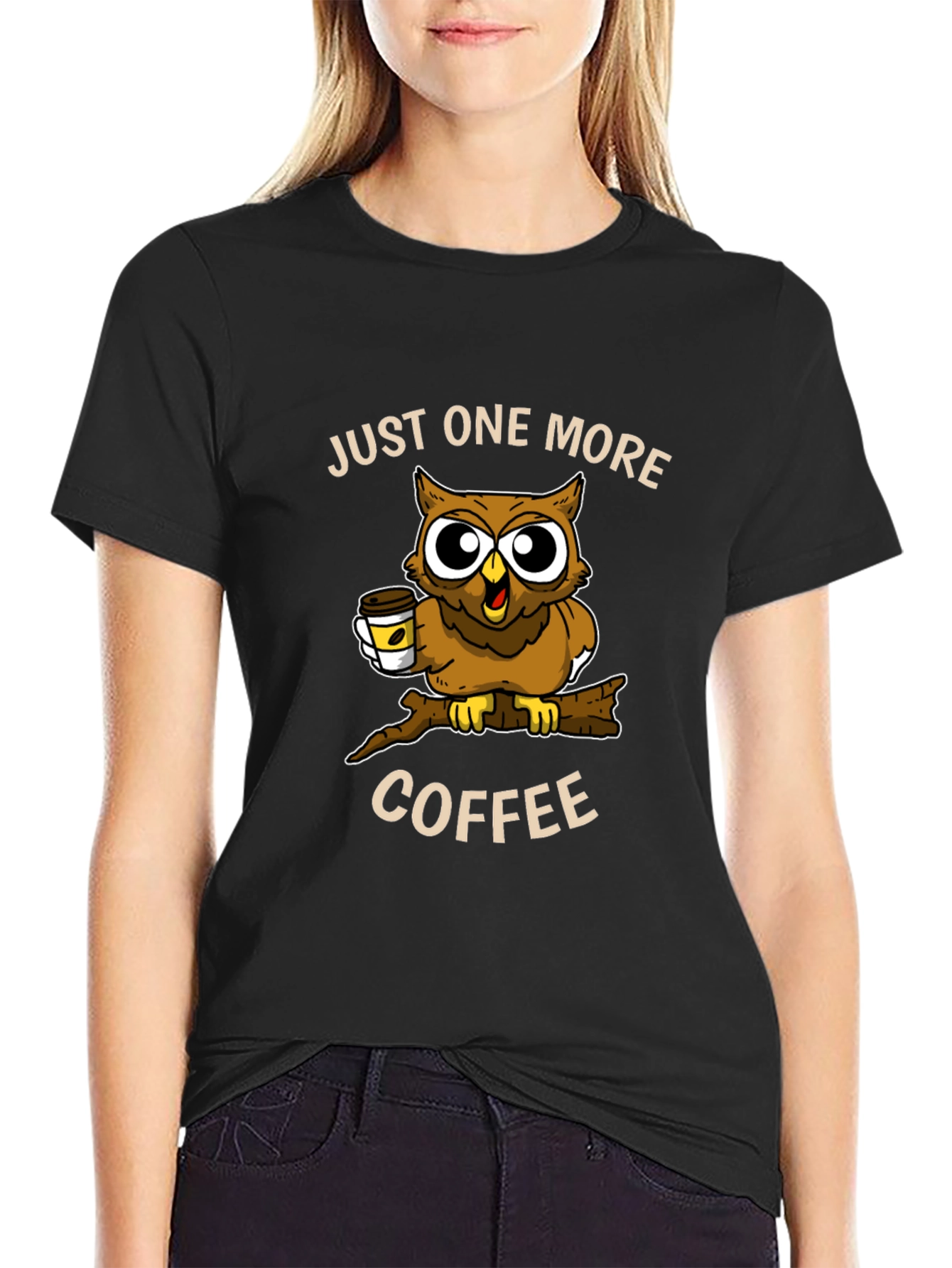 Black Just One More Coffee Owl T-Shirt view 2