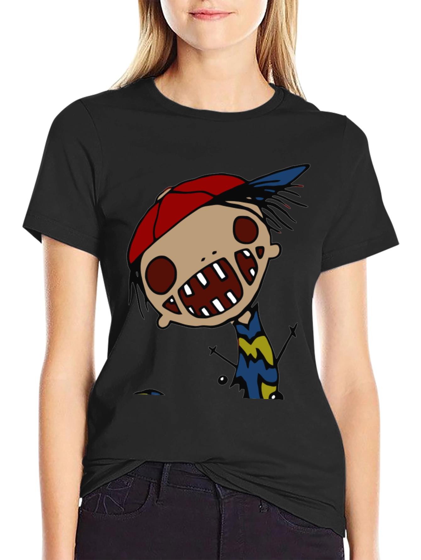 Black Cartoon Character Graphic Tee - Quirky Black T-Shirt view 2