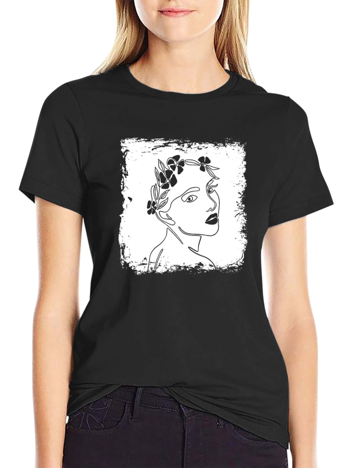 Black Floral Woman Graphic Tee - Stylish Unisex Black T-Shirt view 2