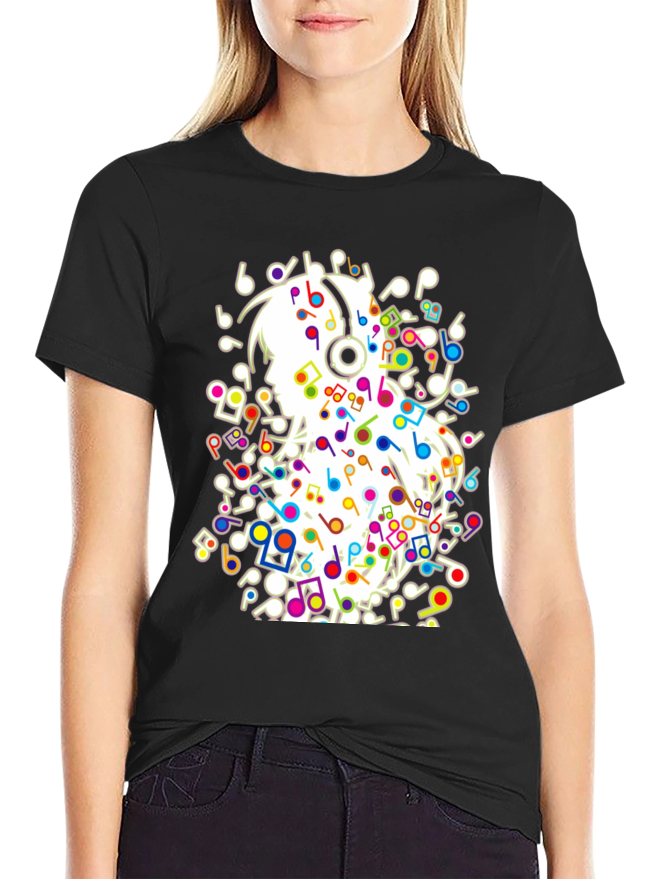 Black Musical Girl T-Shirt - Black Cotton Tee with Colorful Notes view 2