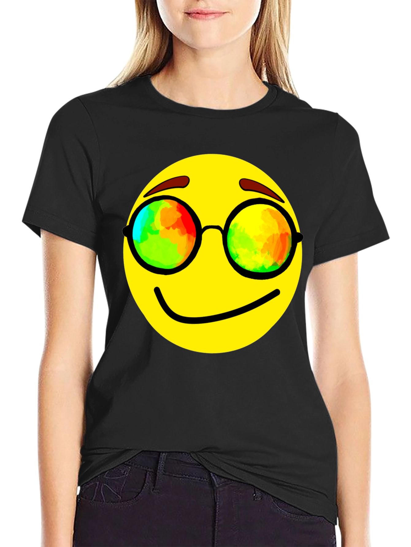 Black Cool Smiley Face Graphic Tee - Black Cotton Blend T-Shirt view 2