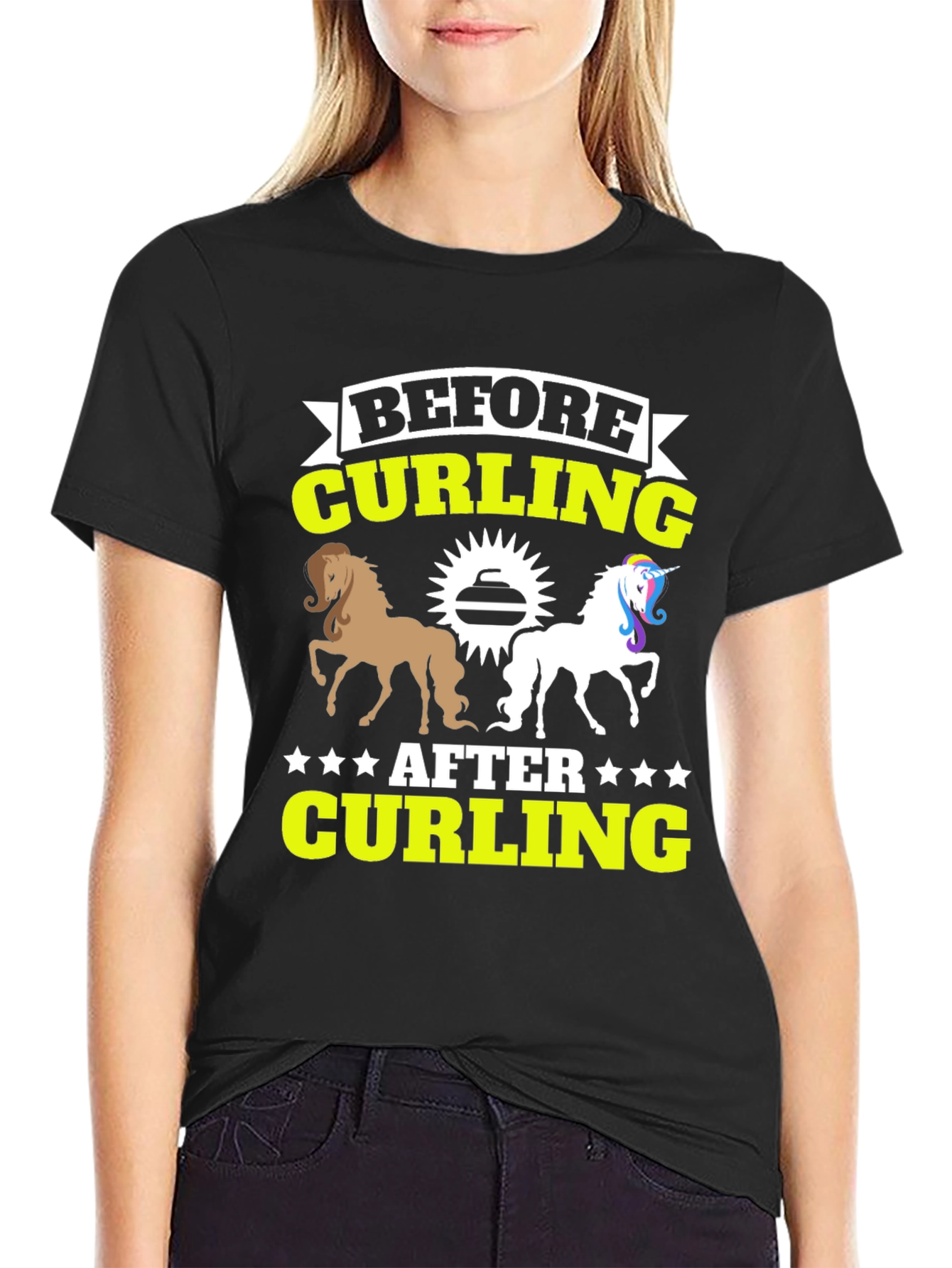 Black Before & After Curling T-Shirt - Horse Unicorn Tee view 2