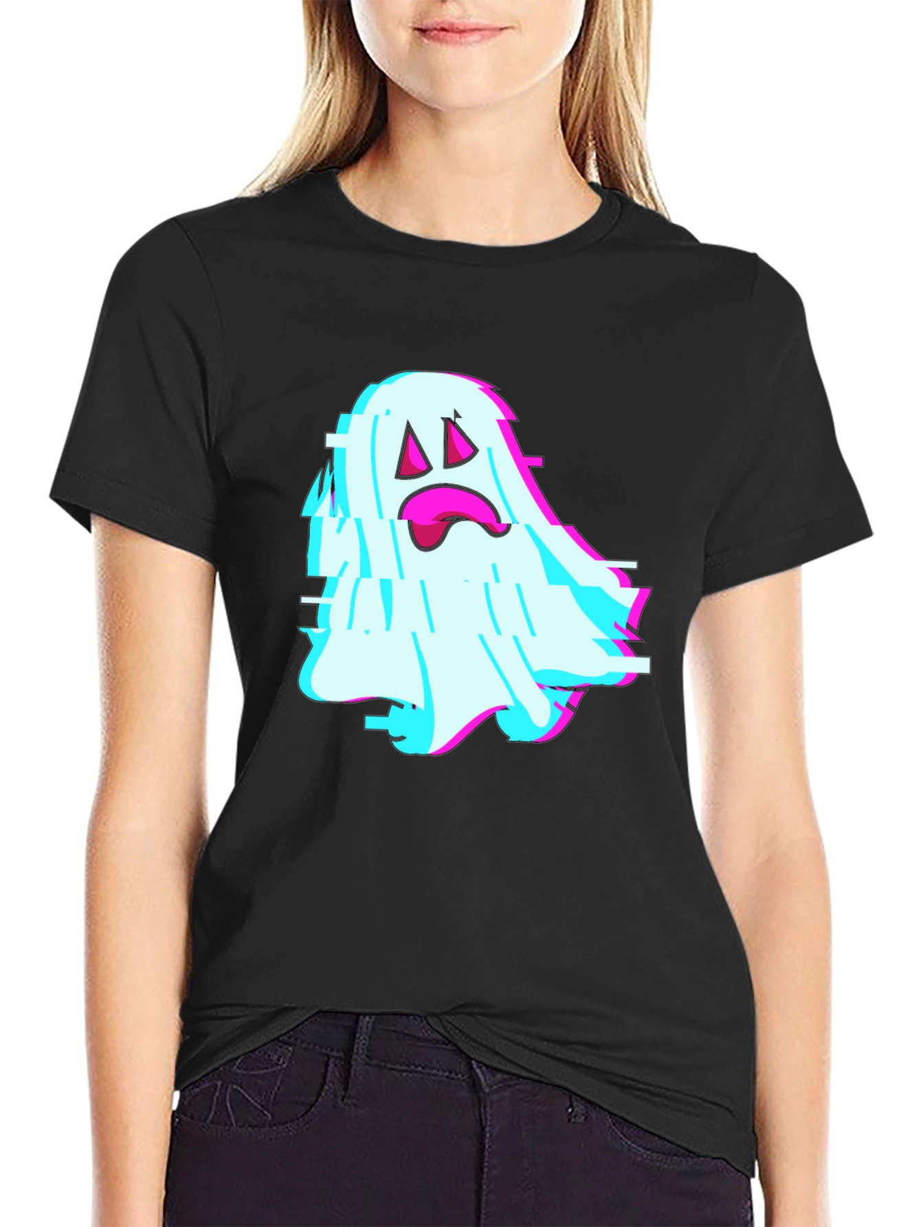 Black Glitch Ghost Graphic Tee - Soft Black Cotton Blend view 2