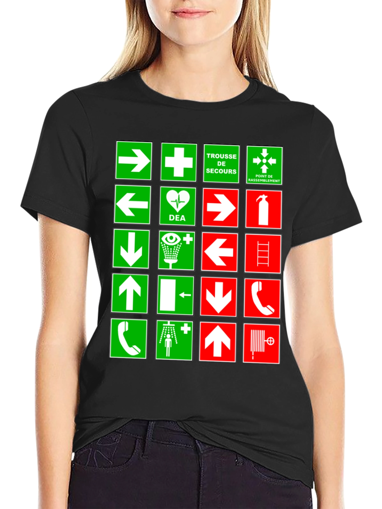 Black Safety Signs T-Shirt - Green & Red Graphic Tee view 2