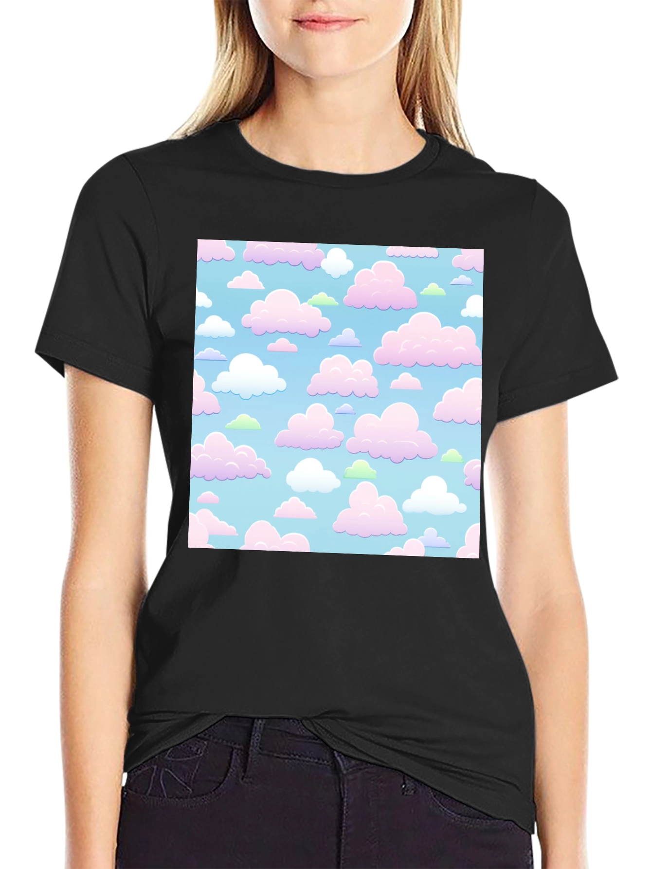 Black Cute Clouds Black T-Shirt view 2