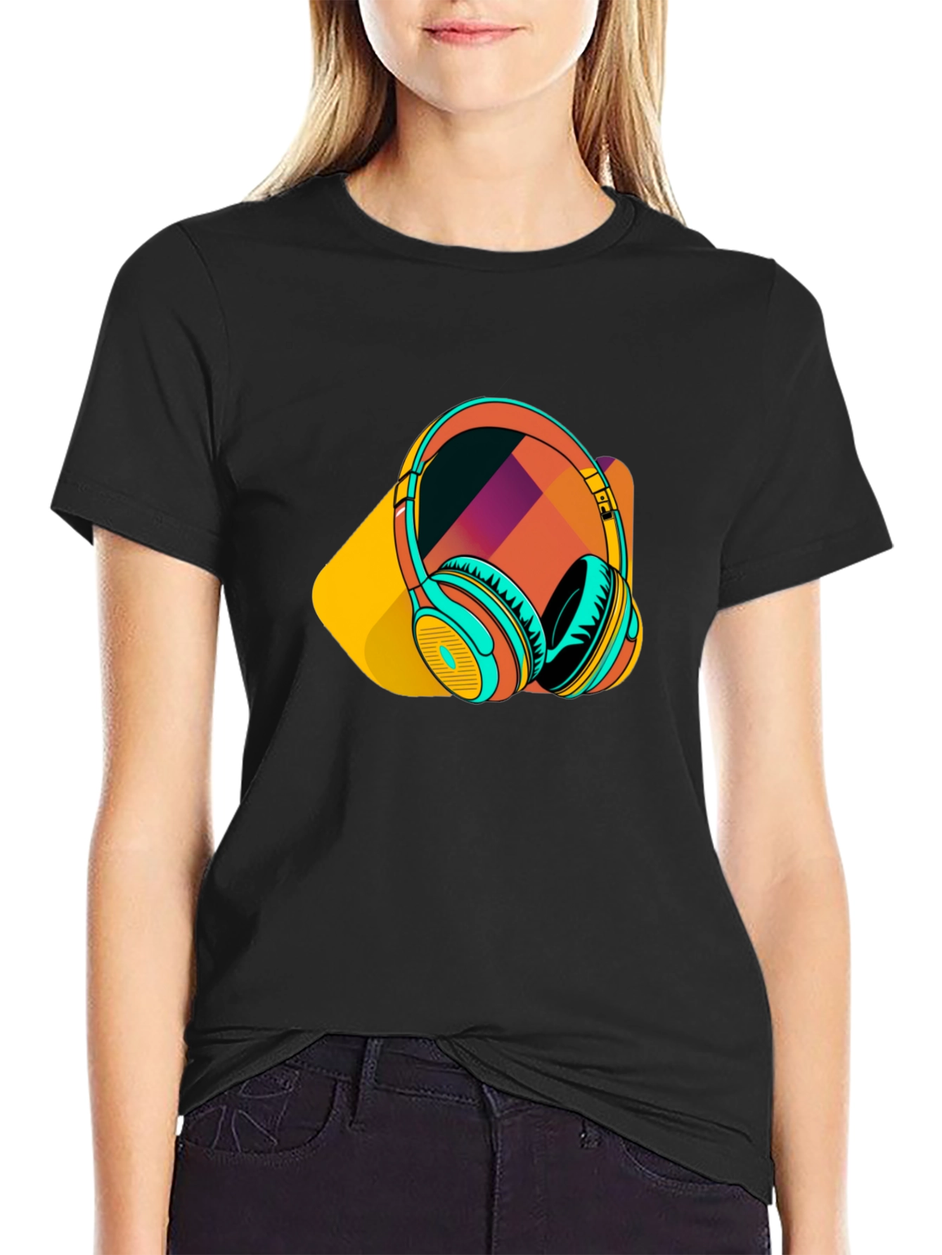 Black Stylish Black T-Shirt with Headphone Graphic view 2