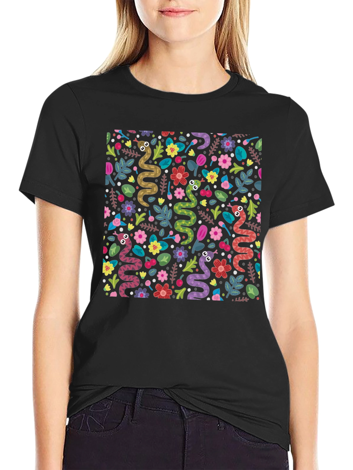 Black Snakes & Flowers Black Tee - Fun Animal Print view 2