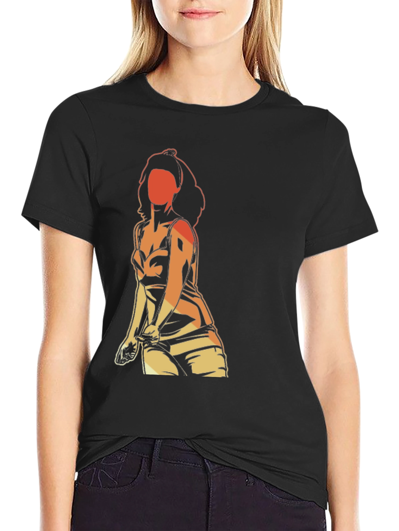 Black Retro Graphic T-Shirt - Woman Silhouette view 2