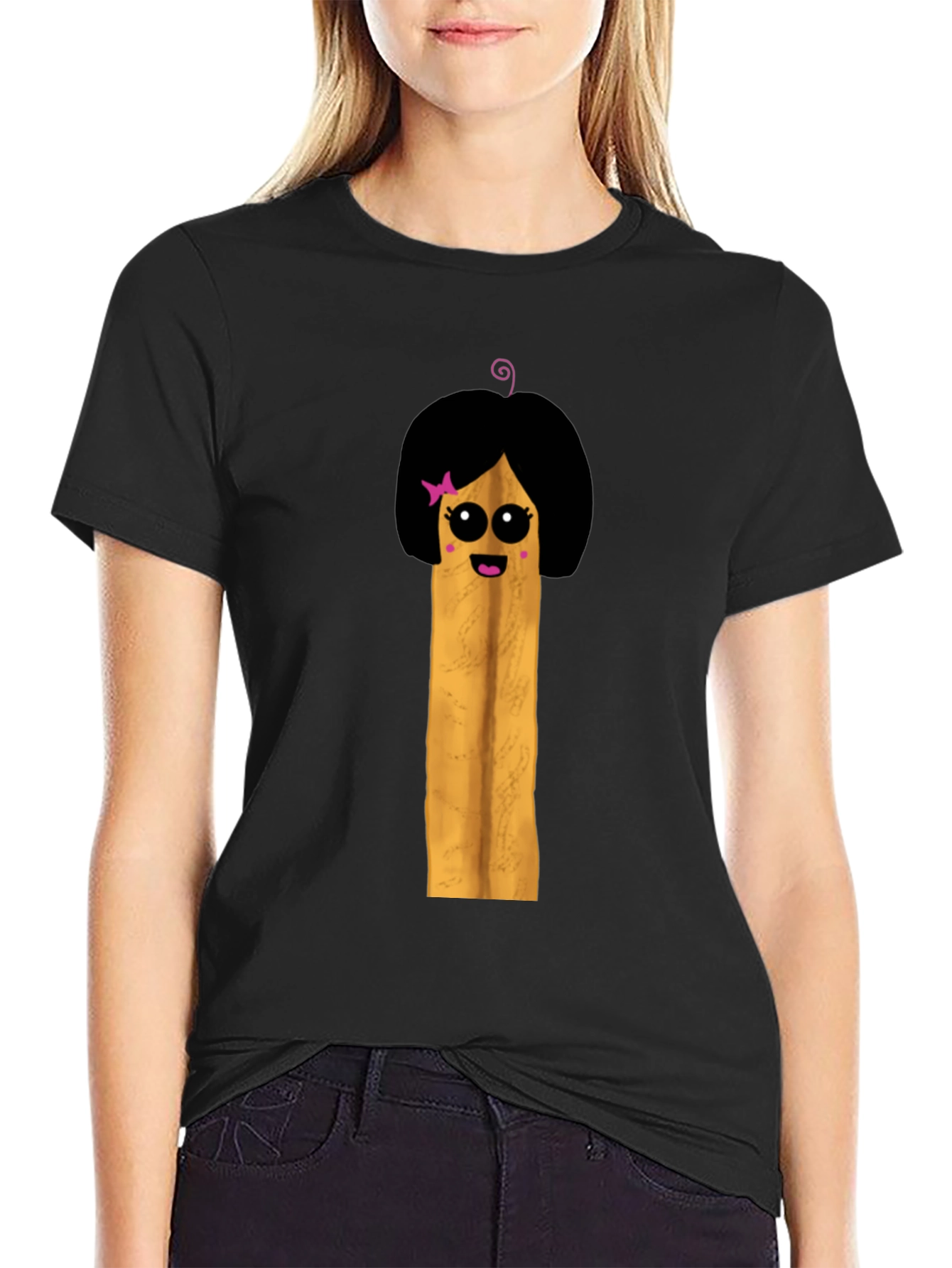 Black Fun Cartoon French Fry Girl Black T-Shirt view 2