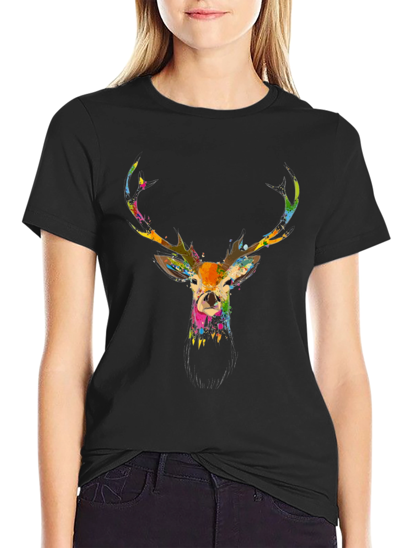 Black Stylish Men's Black Deer Print T-Shirt view 2