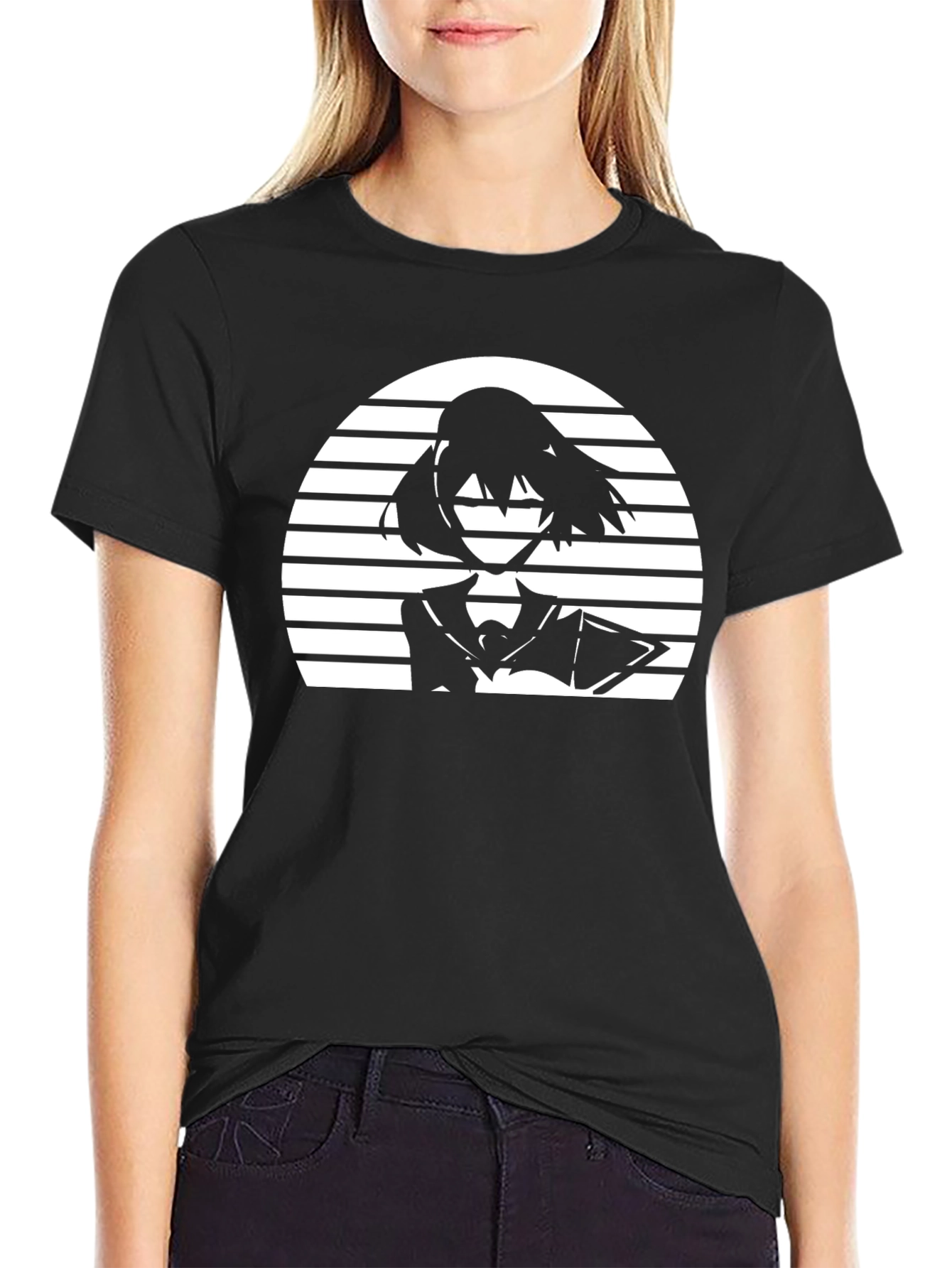 Black Anime Girl Retro Sunset Graphic T-Shirt view 2