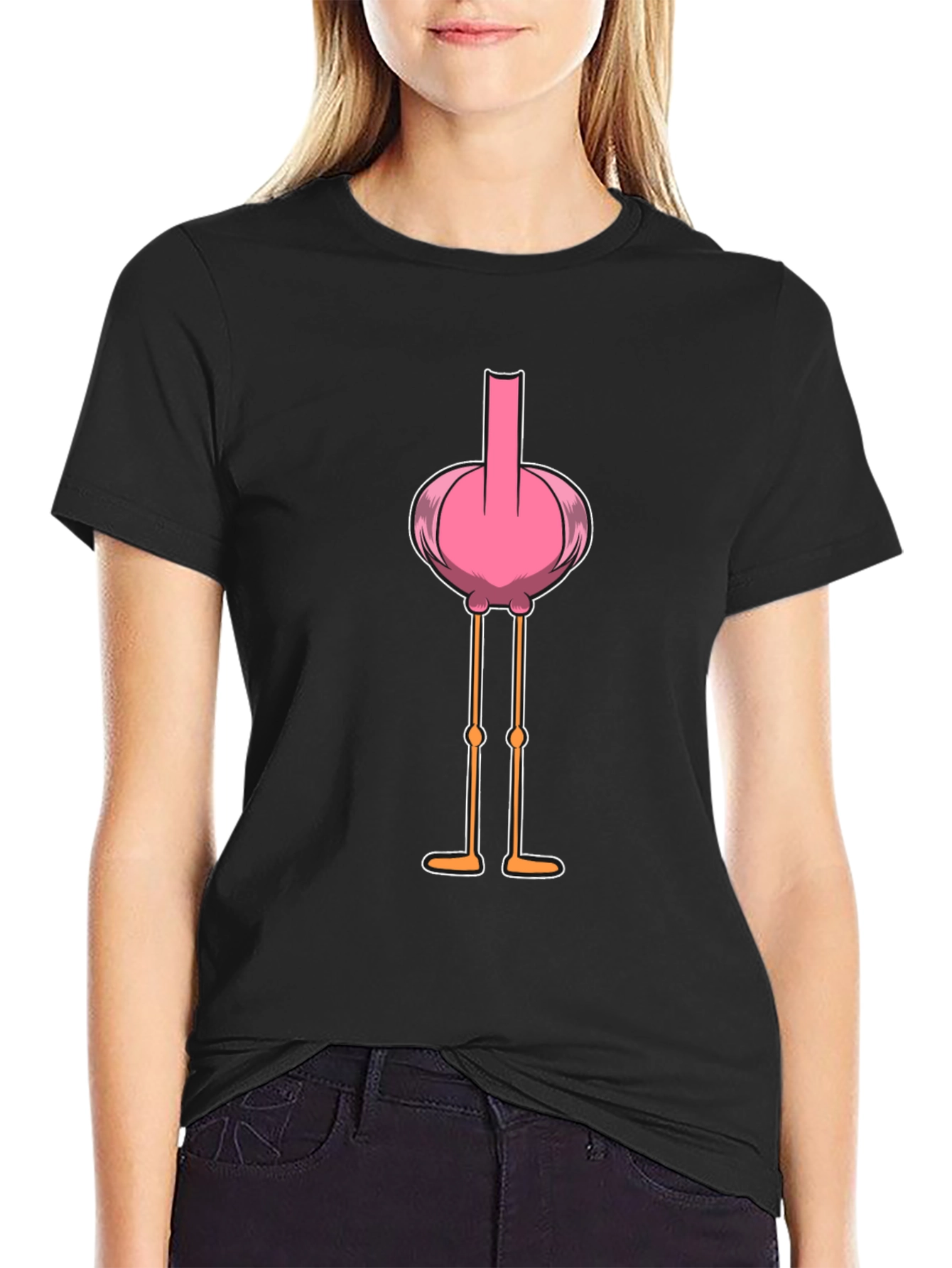 Black Funny Flamingo Middle Finger Graphic T-Shirt view 2