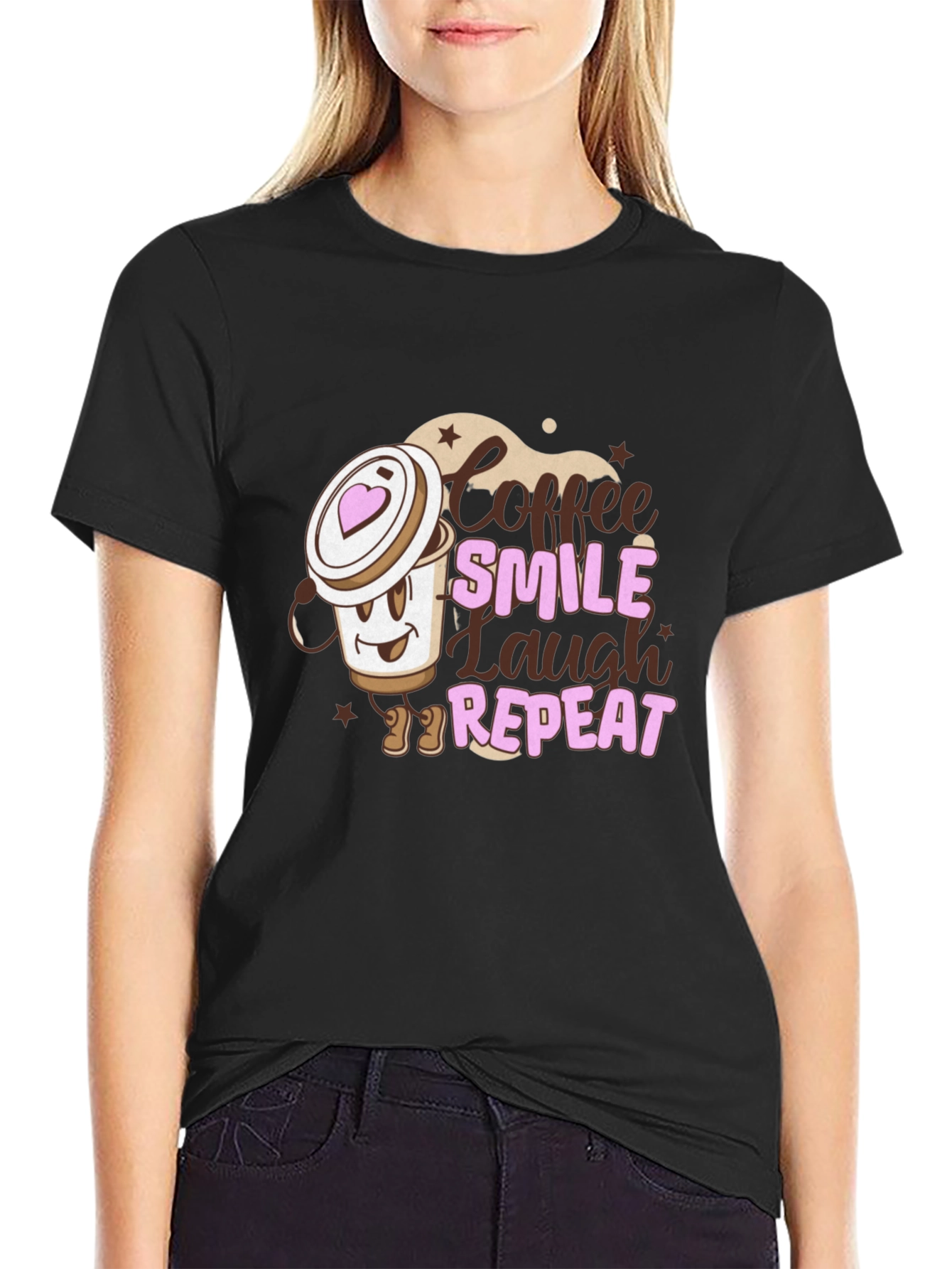 Black Coffee Smile Laugh Repeat Black Graphic Tee view 2