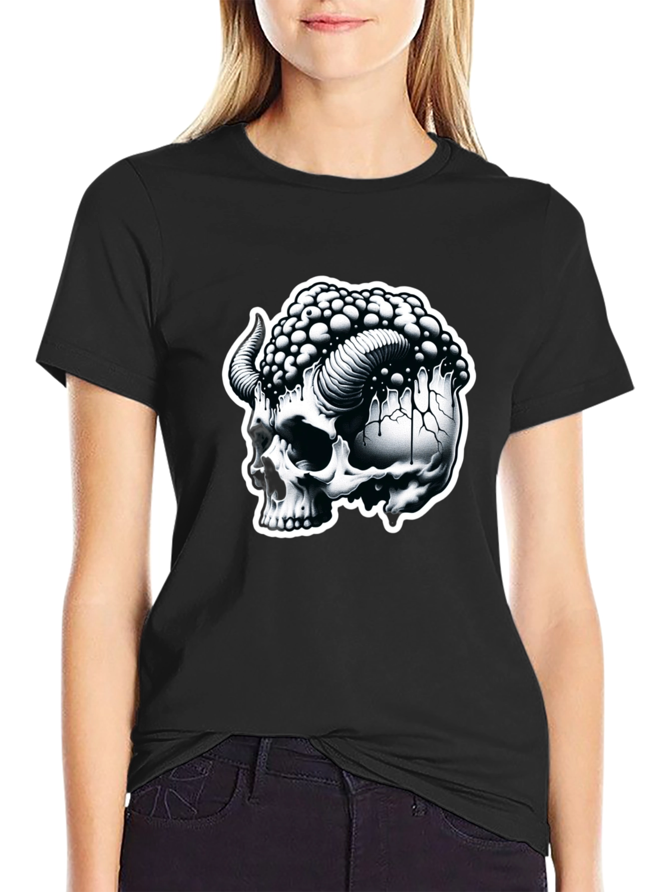 Black Skull & Horns Graphic Tee - Mens Black Cotton T-Shirt view 2