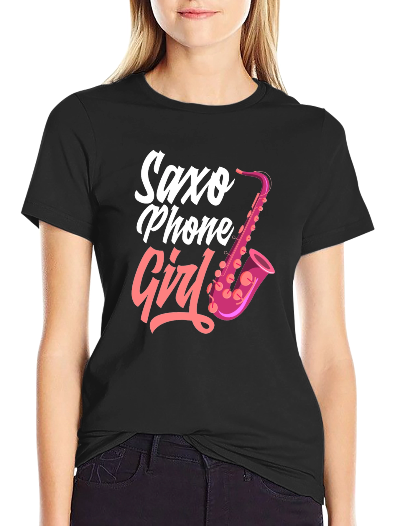 Black Saxo Phone Girl Black T-Shirt view 2