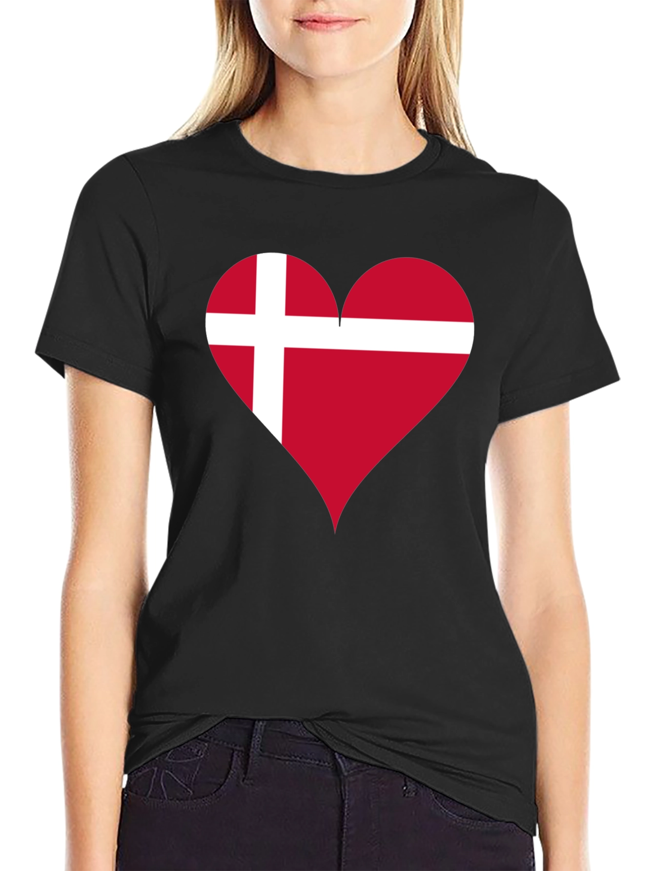 Black Denmark Flag Heart T-Shirt - Show Your Love! view 2