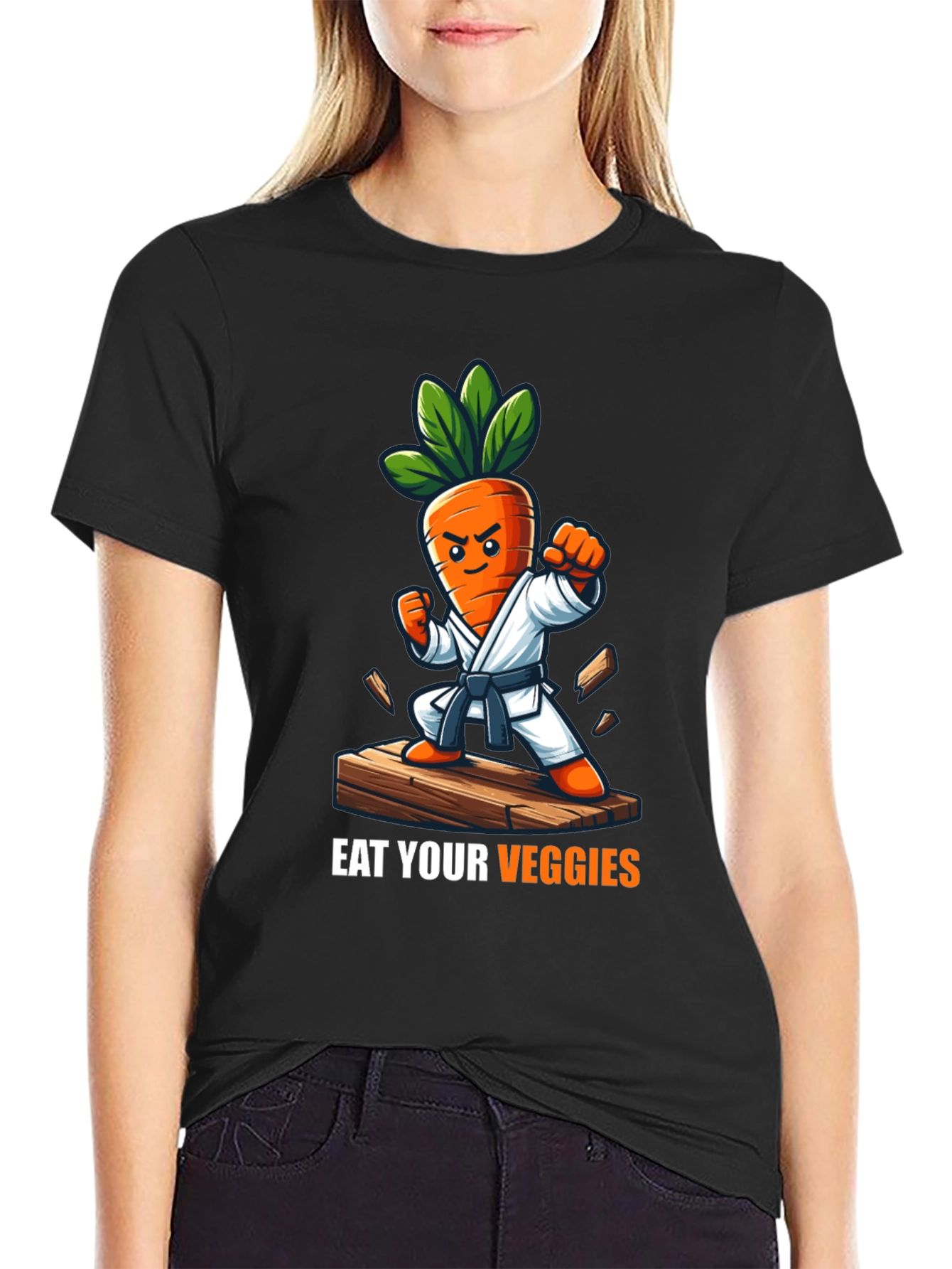 Black Eat Your Veggies Karate Carrot T-Shirt view 2