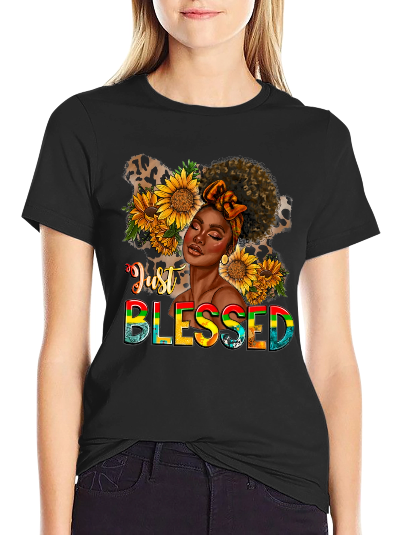 Black Just Blessed Black Woman Sunflower Graphic T-Shirt view 2