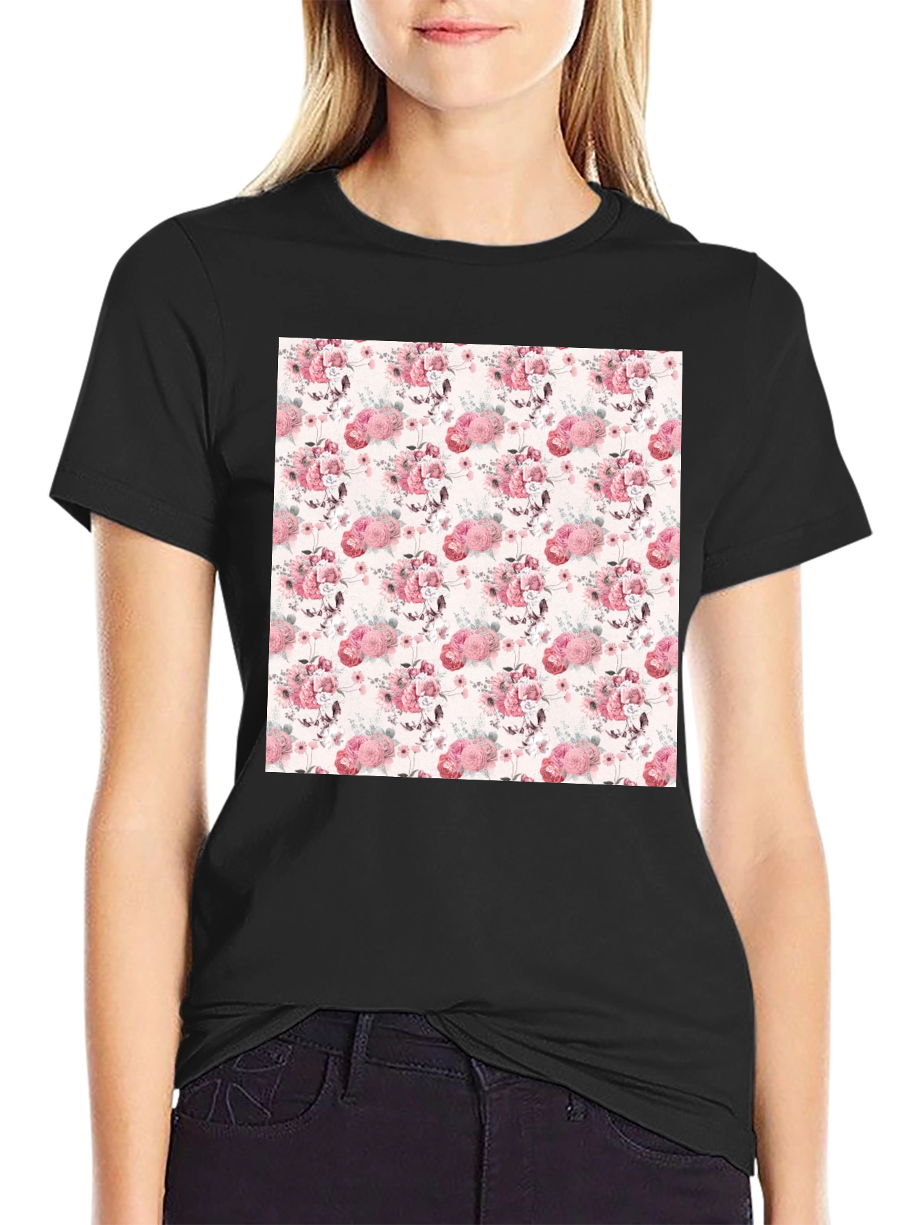 Black Floral Pattern Tee - Stylish Black Cotton T-Shirt view 2