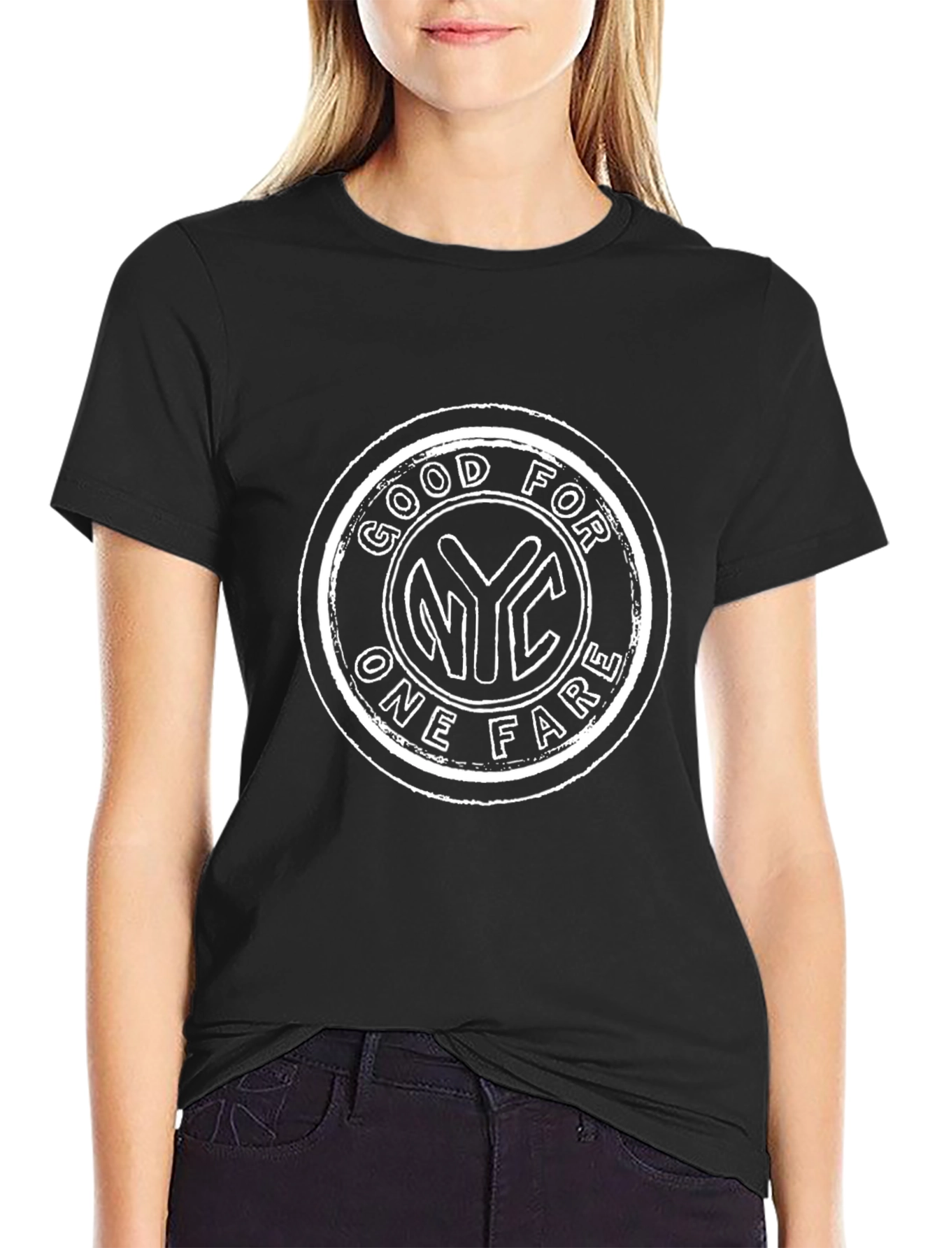Black NYC Good For One Fare Black T-Shirt view 2