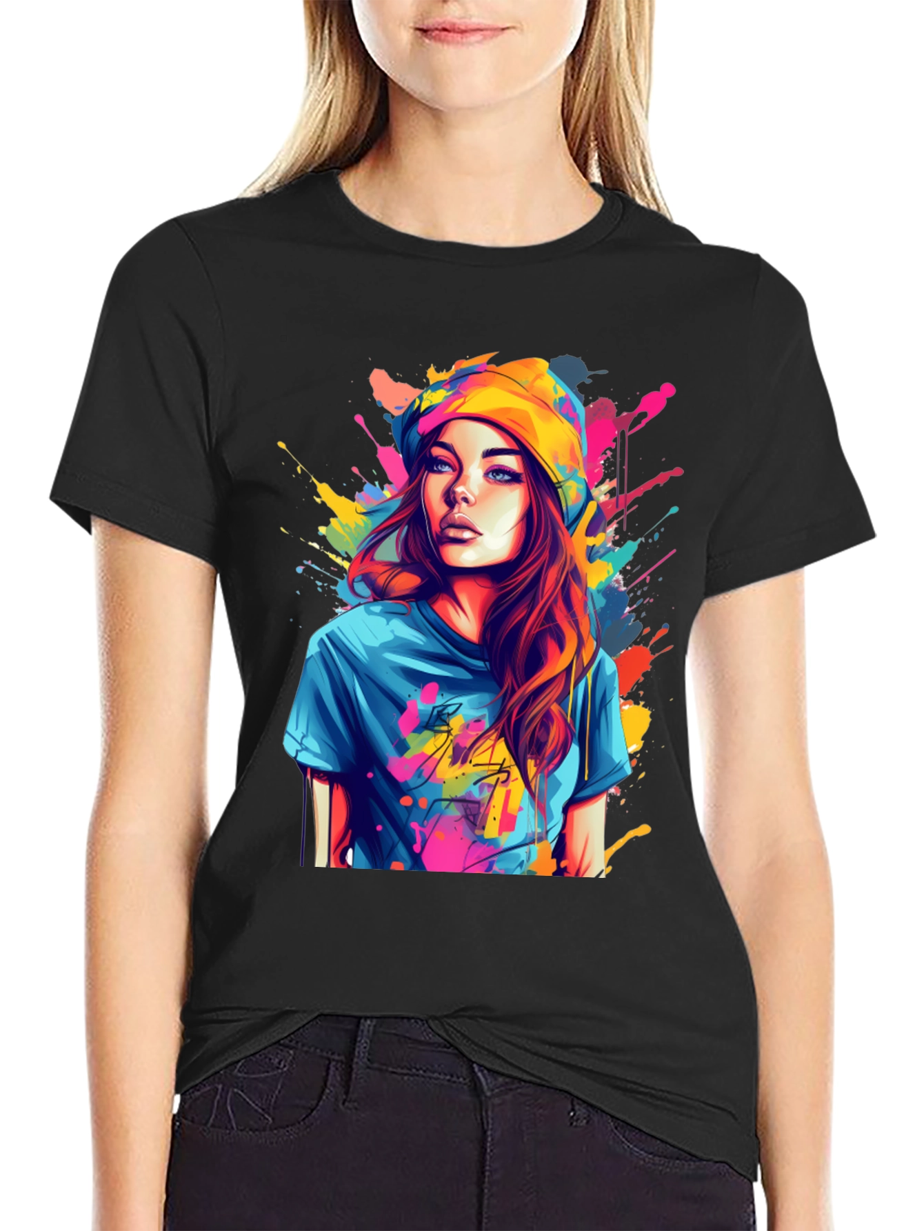 Black Colorful Art Girl T-Shirt view 2