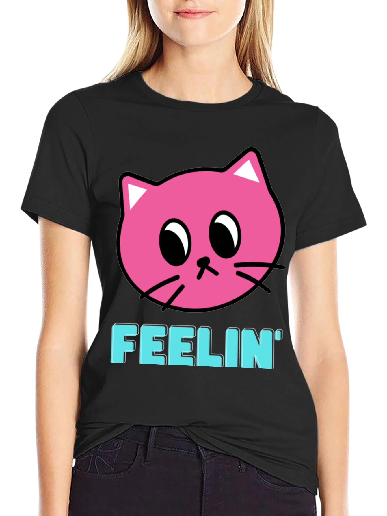 Black Feelin' Pink Cat Graphic Black T-Shirt view 2