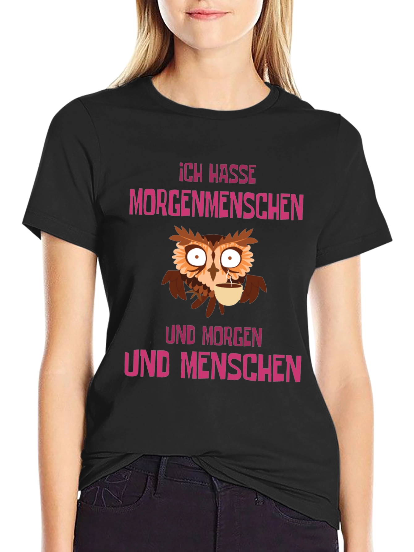 Black Ich Hasse Morgenmenschen Owl Graphic Tee view 2