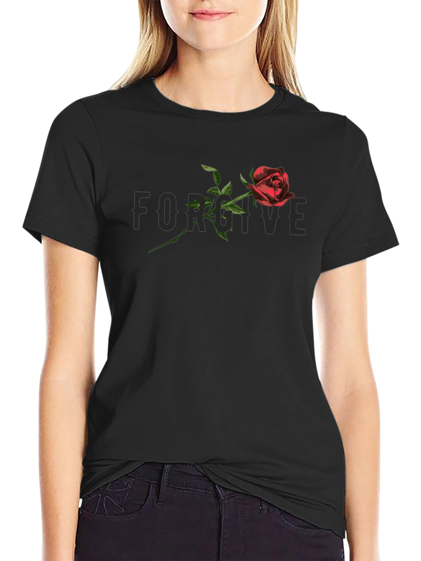 Black Forgive Rose Graphic Tee - Stylish Black Cotton T-Shirt view 2