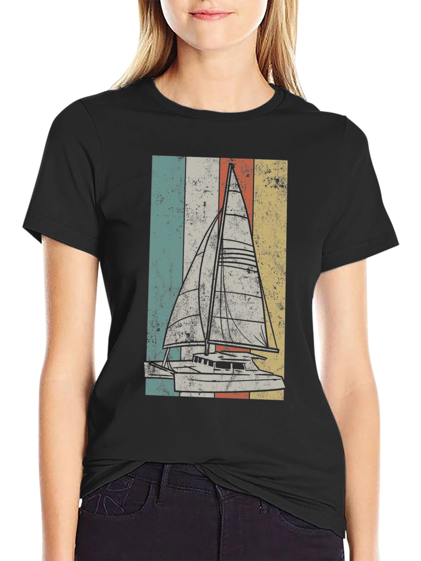 Black Vintage Sailboat T-Shirt - Retro Nautical Design view 2