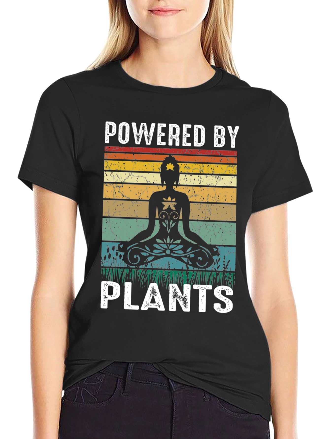 Black Powered by Plants Yoga Meditation Black T-Shirt view 2