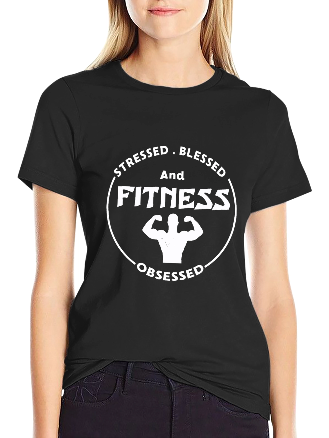 Black Stressed Blessed Fitness Obsessed Black T-Shirt view 2