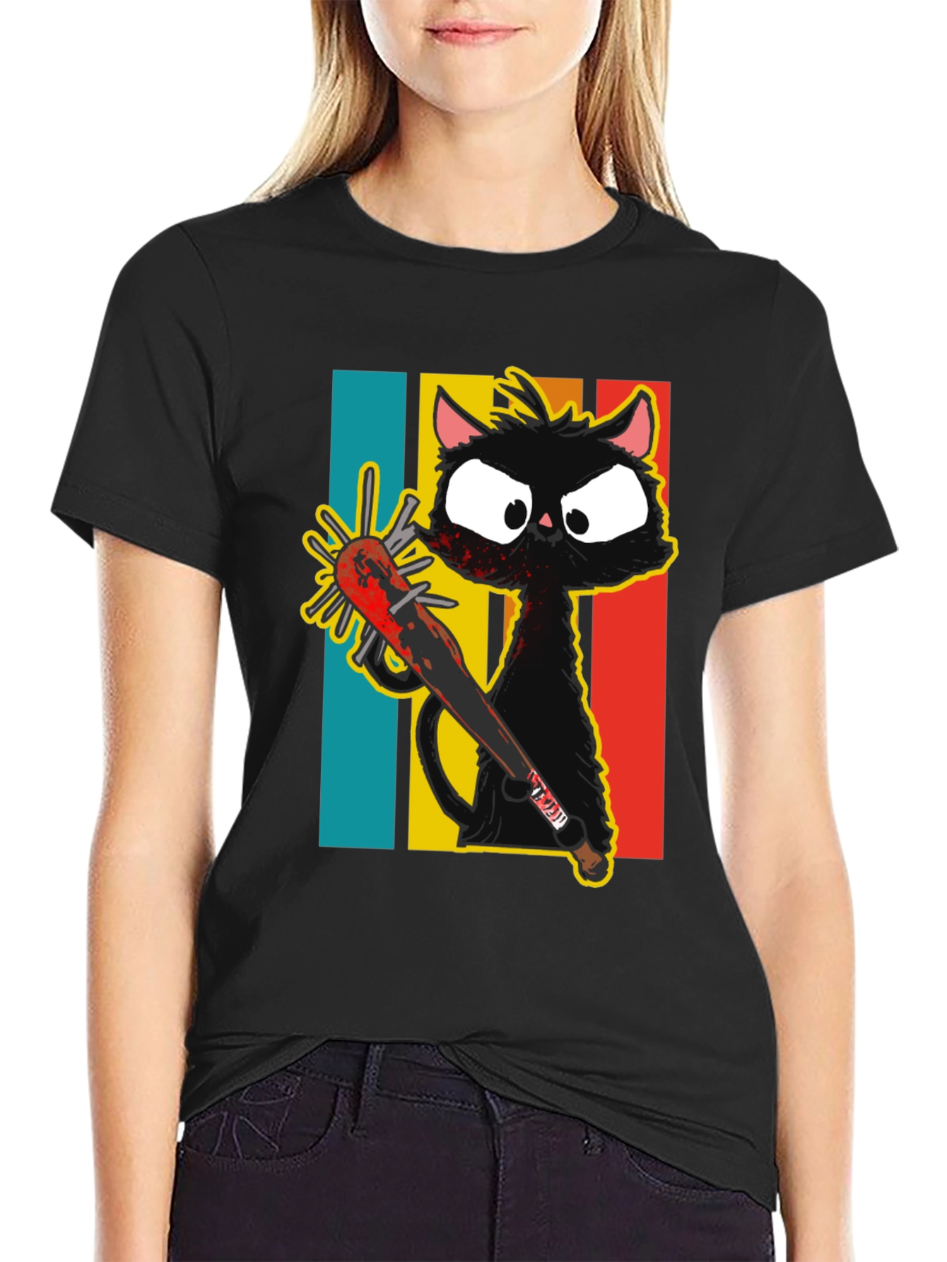 Black Crazy Cat Baseball Bat Graphic T-Shirt view 2