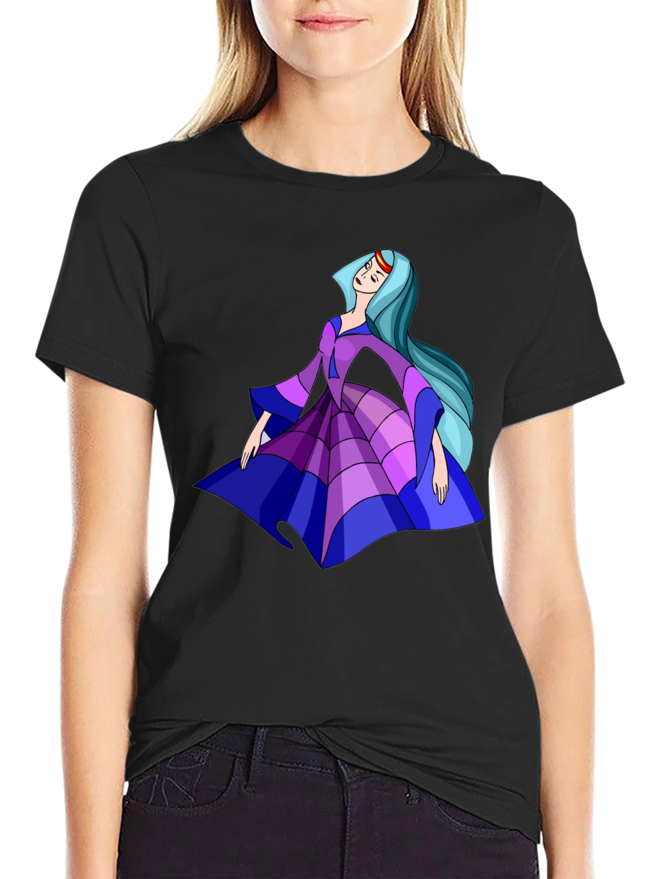 Cartoon Princess Graphic Tee - Black Cotton Casual Shirt - 2