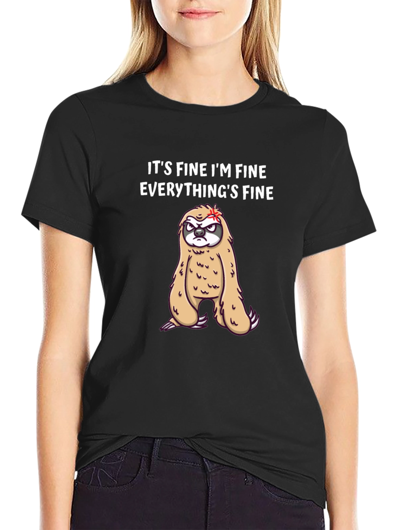 Black It's Fine I'm Fine Sloth Graphic Tee view 2