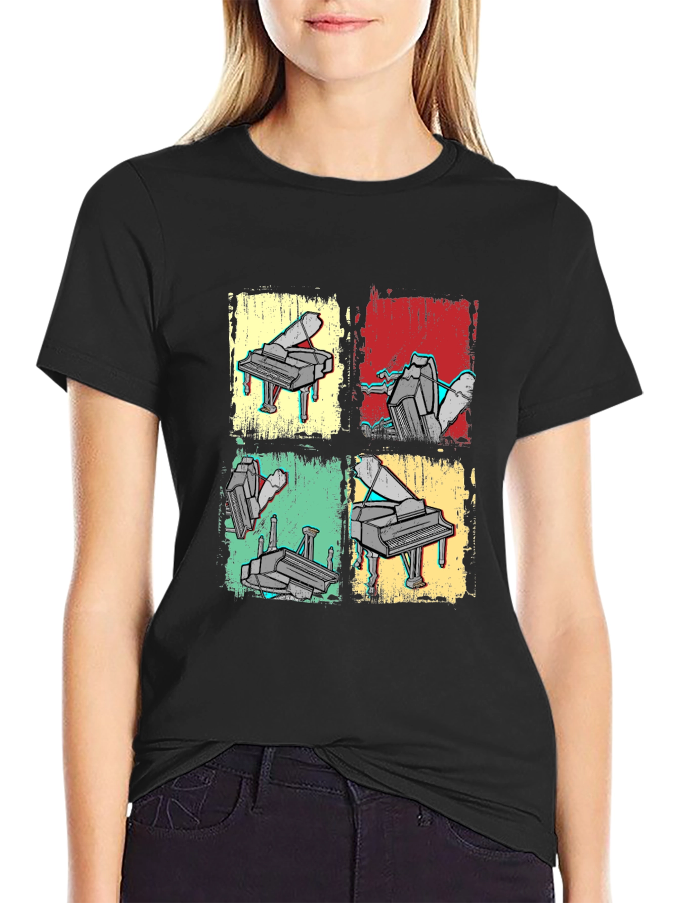 Black Retro Piano Art T-Shirt - Musical Graphic Tee view 2