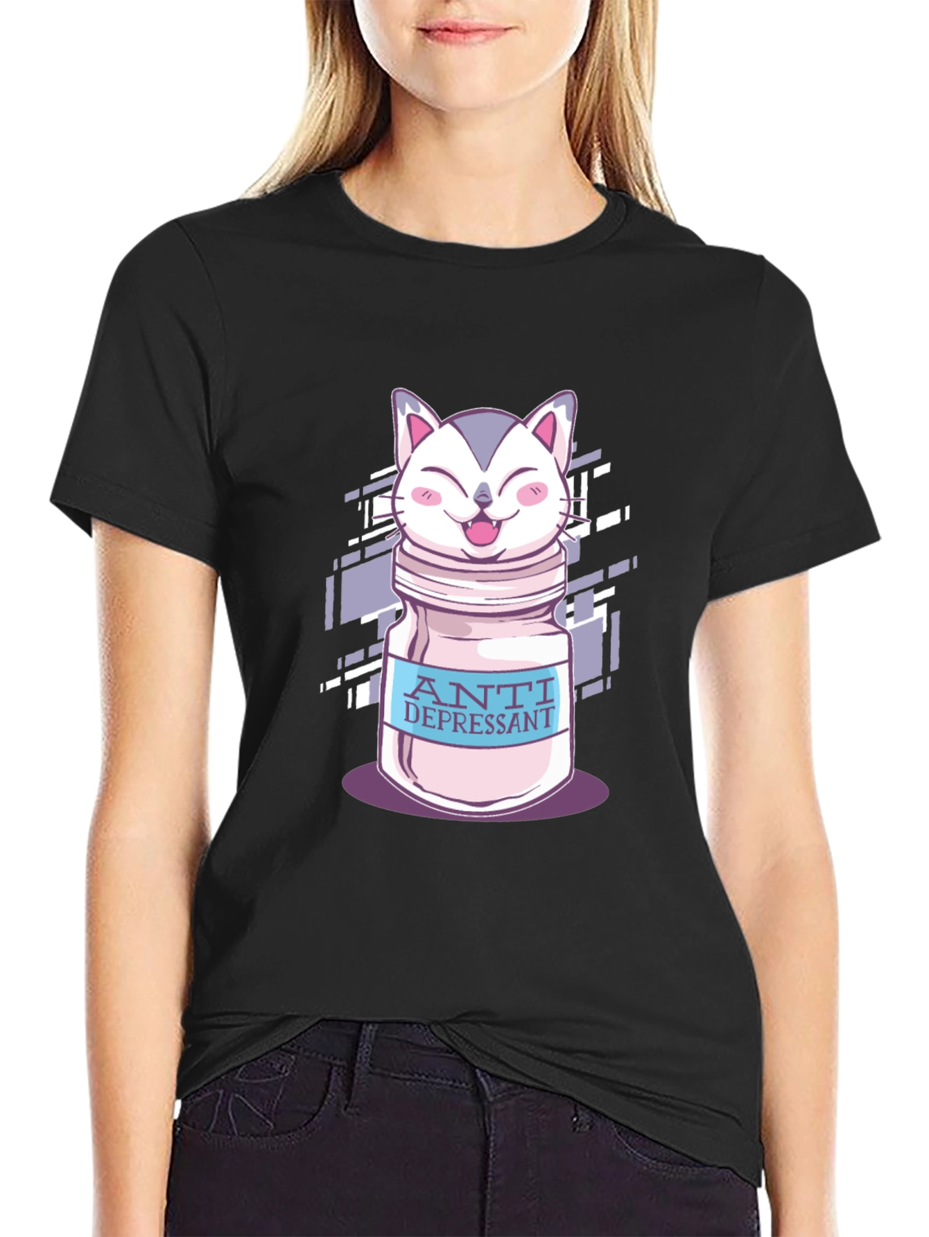 Black Anti Depressant Cat Graphic T-Shirt view 2